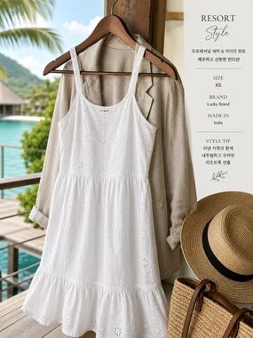 Lucky Brand White Cotton Eyelet Scoop Neck Midi Tiered Ruffle Dress